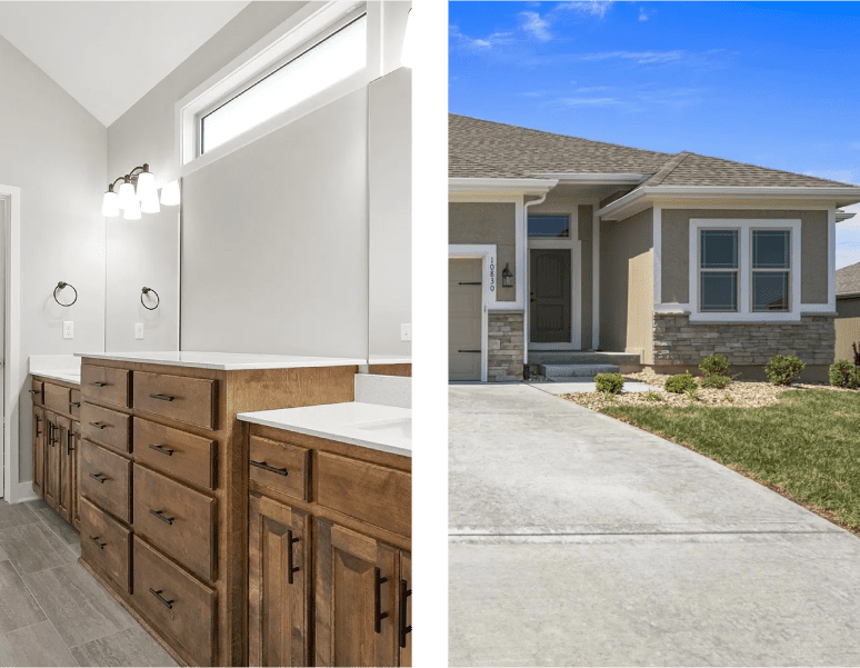 A split photo of a kitchen and a house.